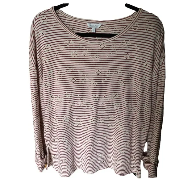Lucky Brand Striped Red and White Cuffed Sleeve Tunic/ top. Eyelet Pattern. L - Picture 4 of 13